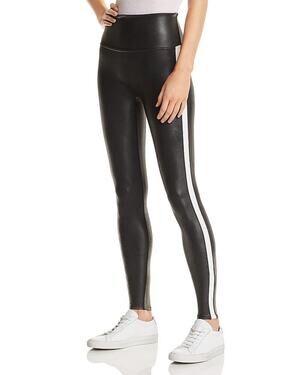 SPANX Faux Leather Leggings Tummy Control Side Stripe Black White size XL